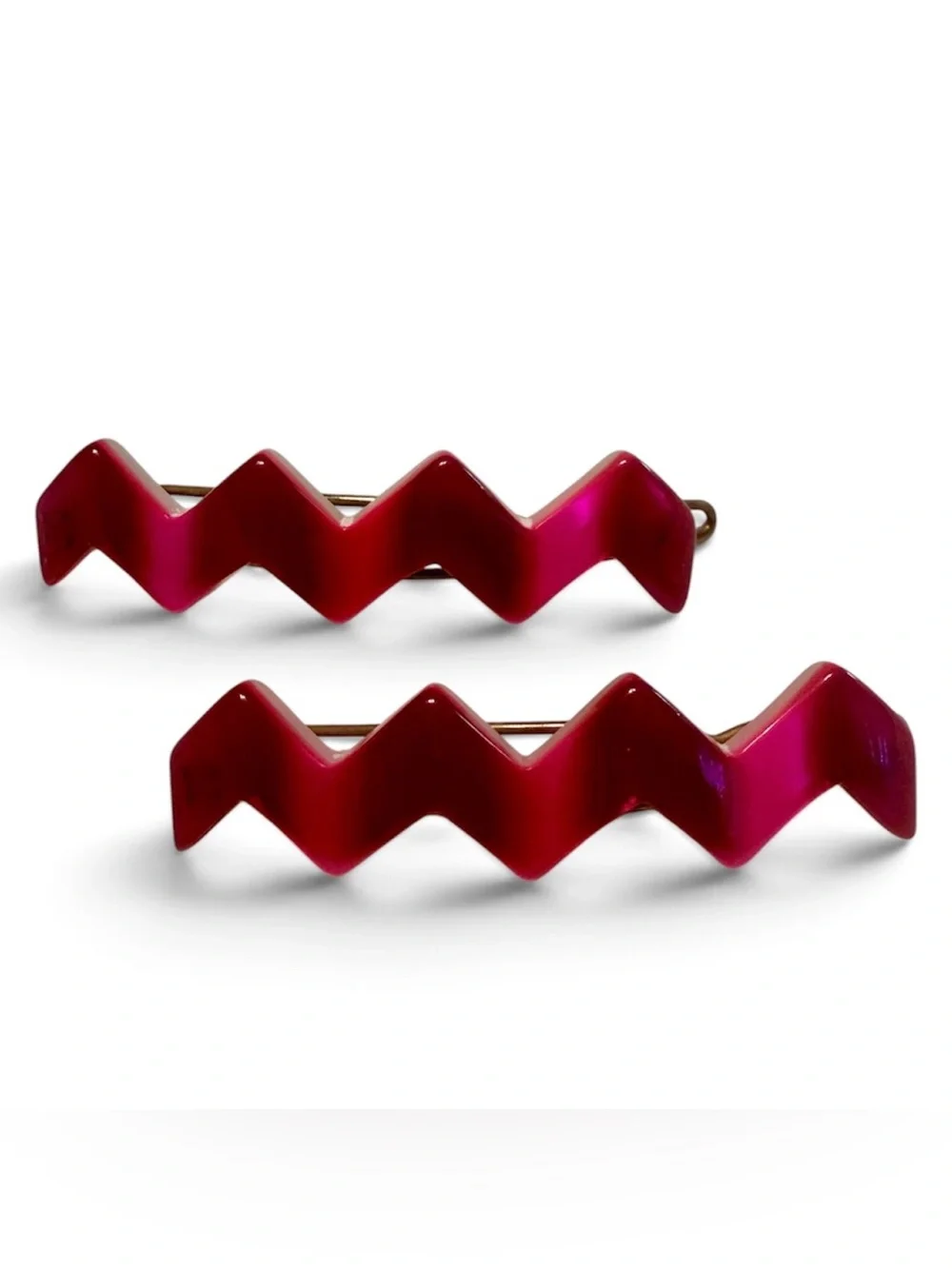 1970’s Zig Zag Barrettes in Pearlescant Deep Pink, Made in Belgium, 2”, Unworn